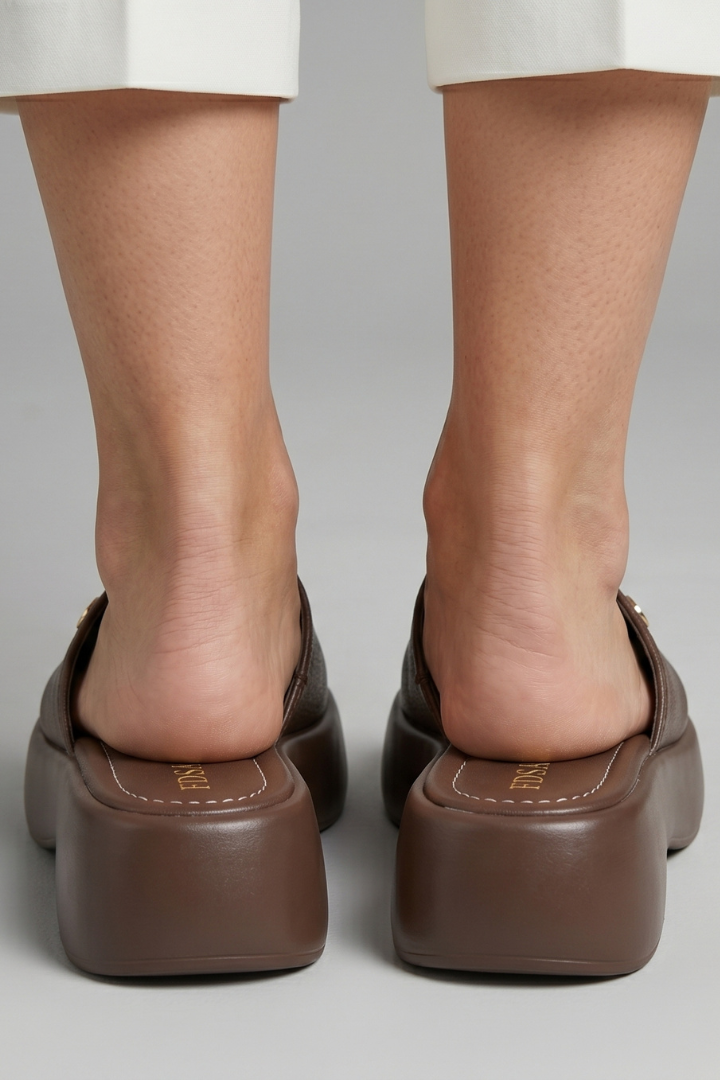 Women's Leather Slippers with Open Toe and Platform Sole